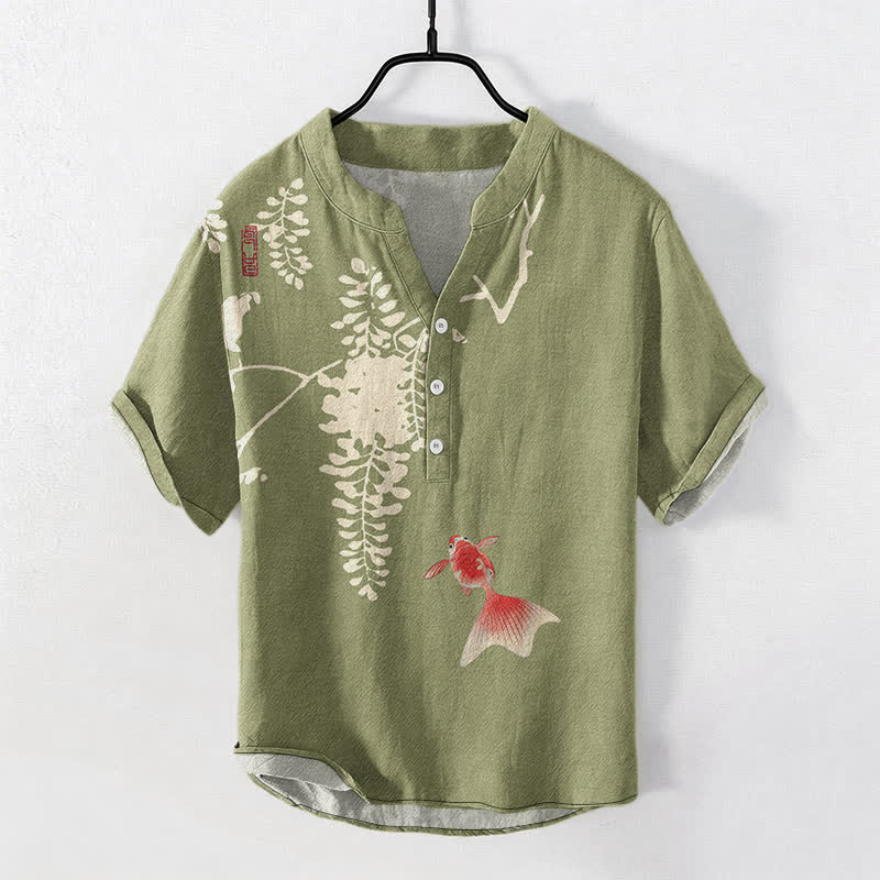 Buddha Stones Kurzarmhemd aus Baumwolle mit Koi-Fisch- und Blumenrankenmuster, halb geknöpft, für Herren - Olivgrün - US/UK/AU50, EU60 (5XL) - image 7