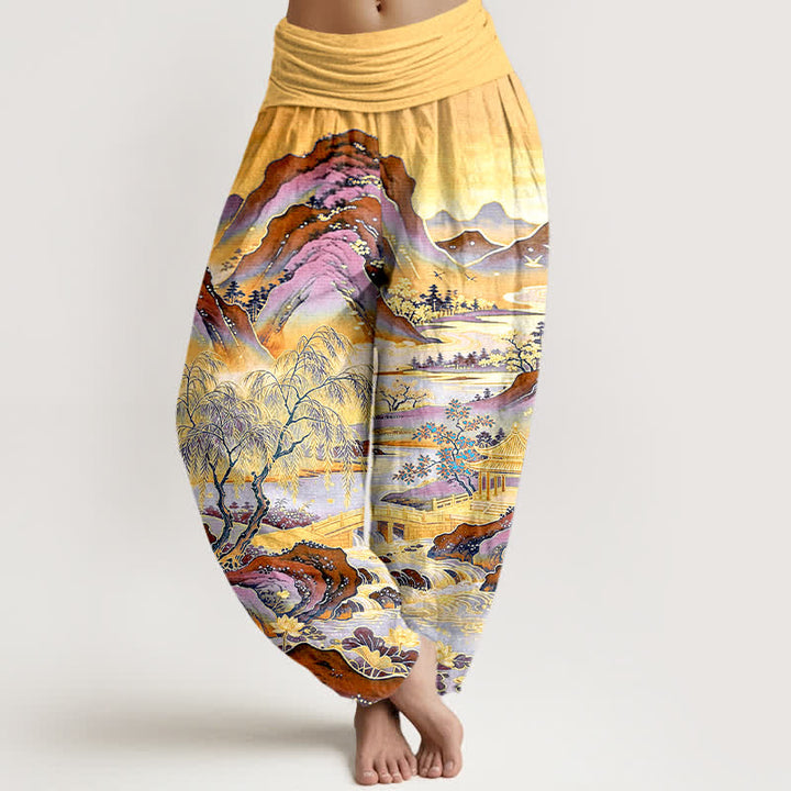 Buddha Stones Baumwoll-Haremshose mit orientalischem Landschaftsmuster und elastischem Bund für Damen - Gold - US16, UK/AU20, EU48 (3XL) - image 5