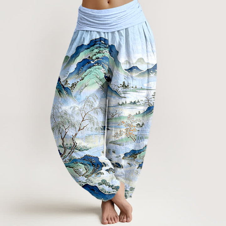 Buddha Stones Baumwoll-Haremshose mit orientalischem Landschaftsmuster und elastischem Bund für Damen - Hellblau - US16, UK/AU20, EU48 (3XL) - image 8