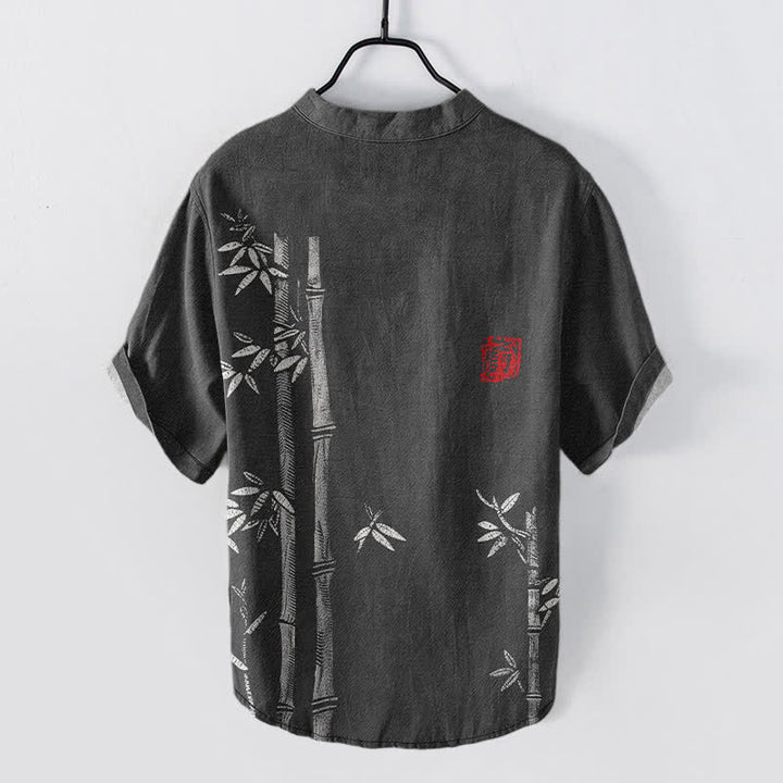 Buddha Stones Kurzarmhemd aus Baumwolle mit Bambusmuster, Herren, halbe Knopfleiste - image 1