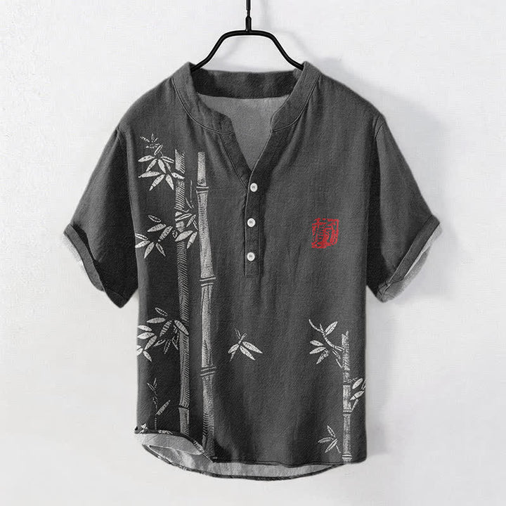 Buddha Stones Kurzarmhemd aus Baumwolle mit Bambusmuster, Herren, halbe Knopfleiste - Schwarz - US/UK/AU50, EU60 (5XL) - image 0