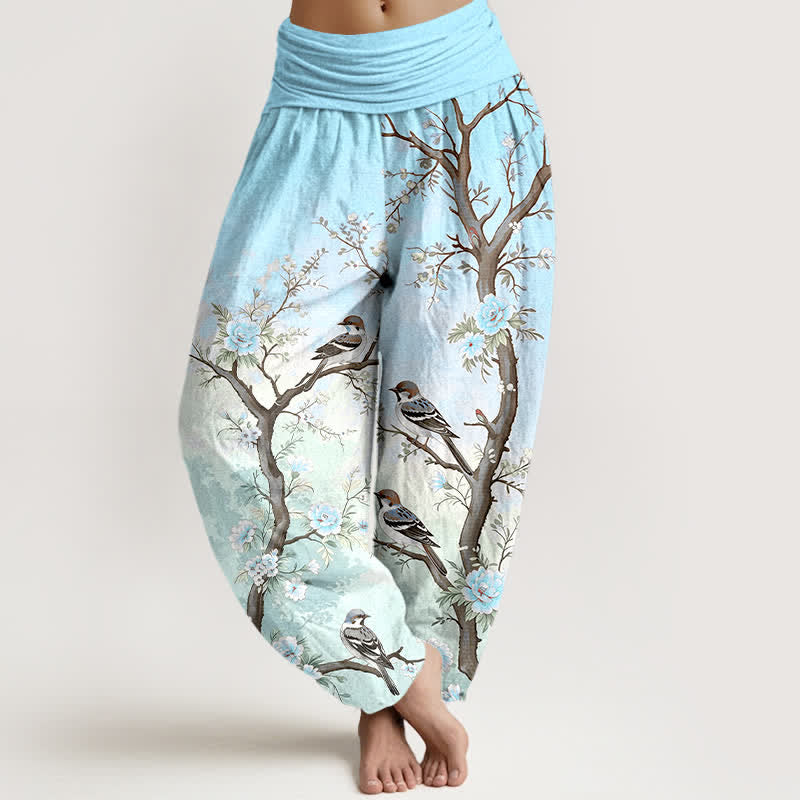 Buddha Stones Baumwoll-Haremshose mit orientalischem Blüten-, Vogel- und Zweigmuster, elastischem Bund, Damen - Cyan - US16, UK/AU20, EU48 (3XL) - image 8