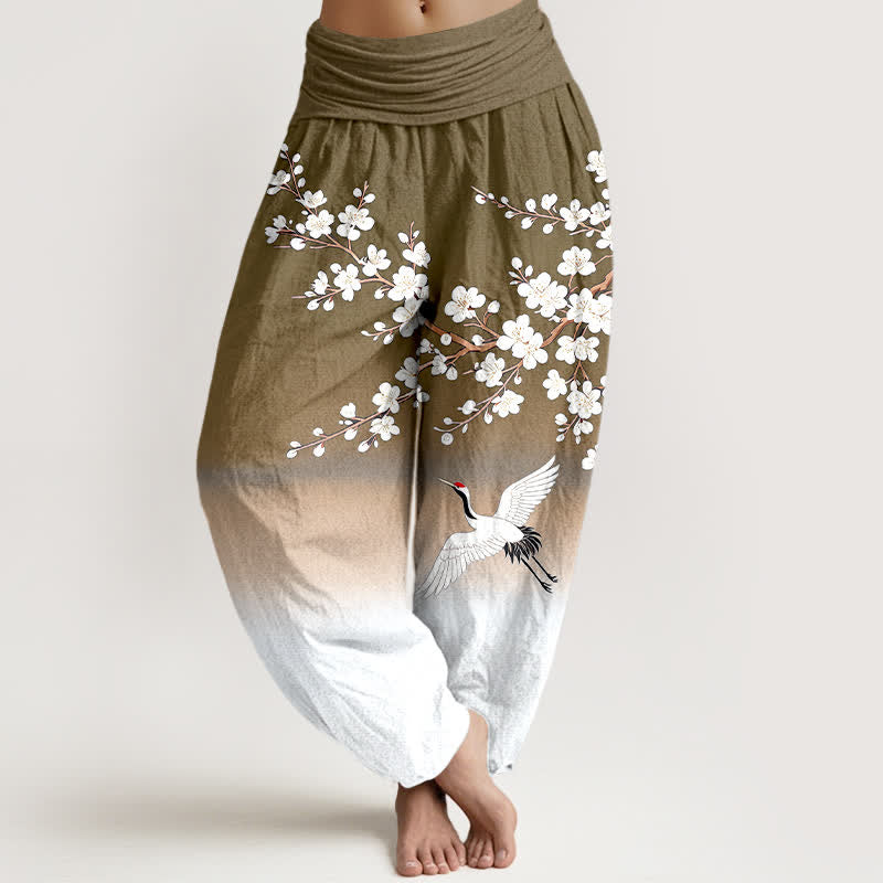 Buddha Stones Weiße Baumwoll-Haremshose mit Kranich- und Pflaumenblütenmuster und elastischem Bund für Damen. - Olive - US16, UK/AU20, EU48 (3XL) - image 8