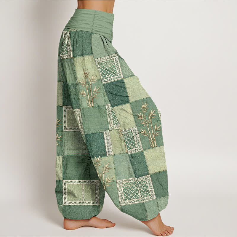 Buddha Stones Haremshose aus Baumwolle und Bambus-Patchworkmuster mit elastischem Bund für Damen - image 1