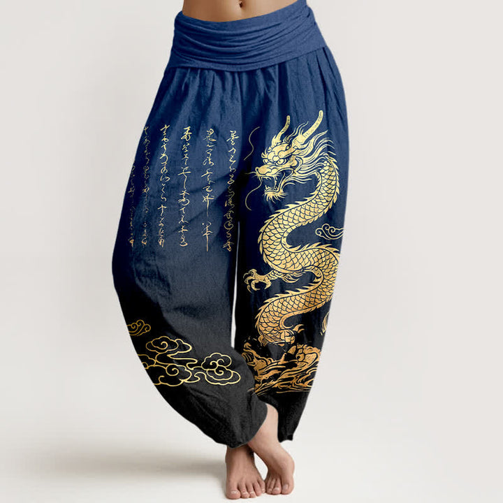 Buddha Stones Baumwoll-Haremshose mit goldenem Drachen- und Wolkenmuster, elastischer Bund, Damen - Marine - US16, UK/AU20, EU48 (3XL) - image 0