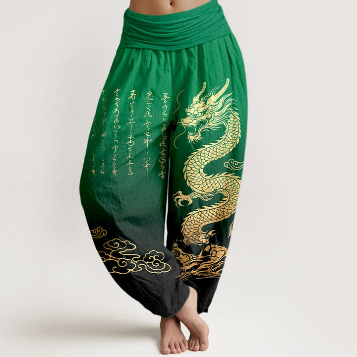 Buddha Stones Baumwoll-Haremshose mit goldenem Drachen- und Wolkenmuster, elastischer Bund, Damen - Grün - US16, UK/AU20, EU48 (3XL) - image 5
