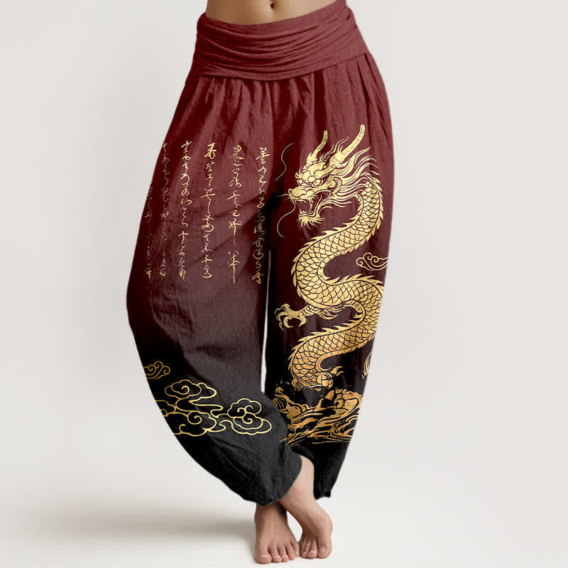 Buddha Stones Baumwoll-Haremshose mit goldenem Drachen- und Wolkenmuster, elastischer Bund, Damen - Kastanienbraun - US16, UK/AU20, EU48 (3XL) - image 8