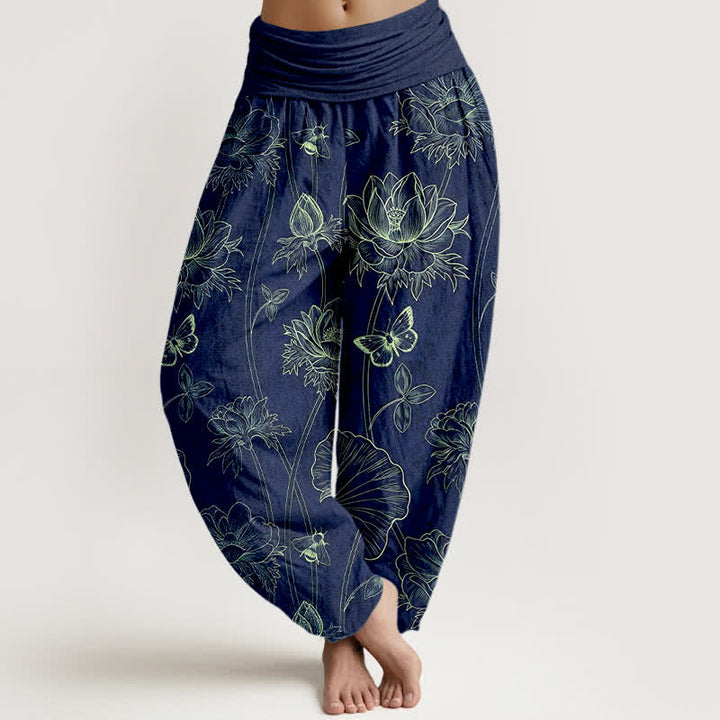 Buddha Stones Baumwoll-Haremshose mit Lotus-Schmetterlingsmuster und elastischem Bund für Damen - Marine - US16, UK/AU20, EU48 (3XL) - image 0