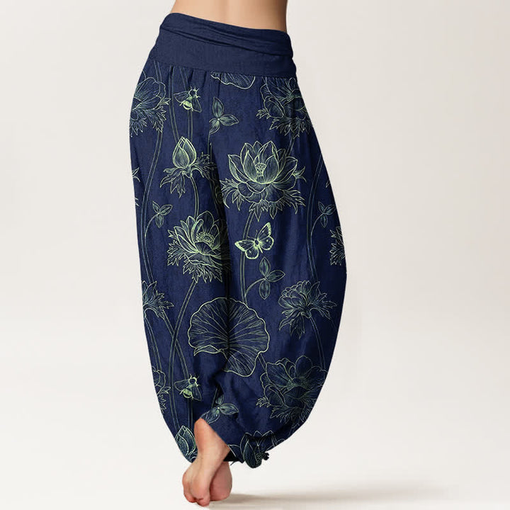 Buddha Stones Baumwoll-Haremshose mit Lotus-Schmetterlingsmuster und elastischem Bund für Damen - image 2