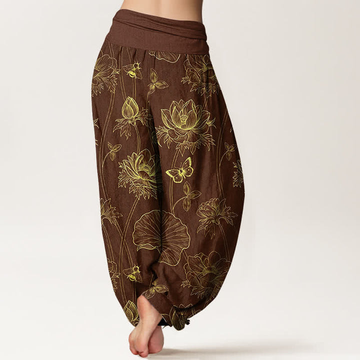 Buddha Stones Baumwoll-Haremshose mit Lotus-Schmetterlingsmuster und elastischem Bund für Damen - image 7