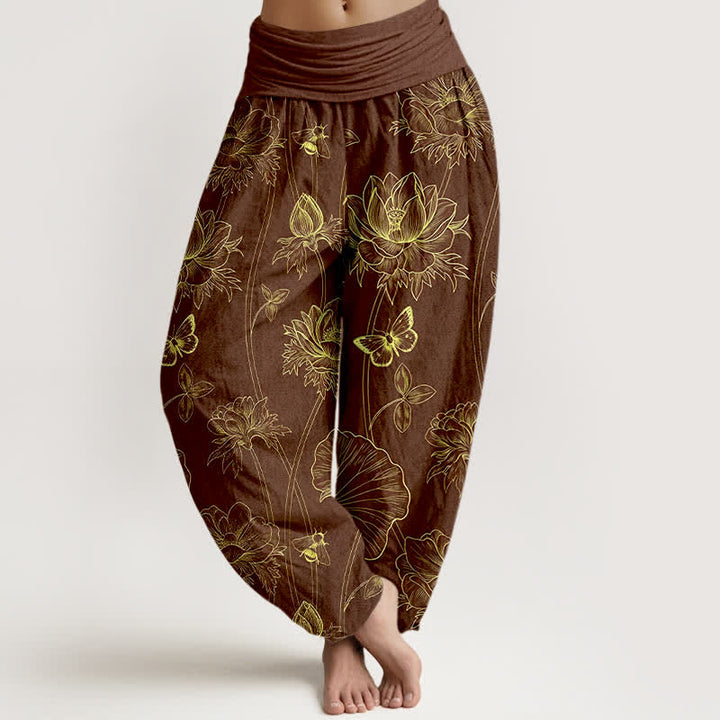 Buddha Stones Baumwoll-Haremshose mit Lotus-Schmetterlingsmuster und elastischem Bund für Damen - Sattelbraun - US16, UK/AU20, EU48 (3XL) - image 5