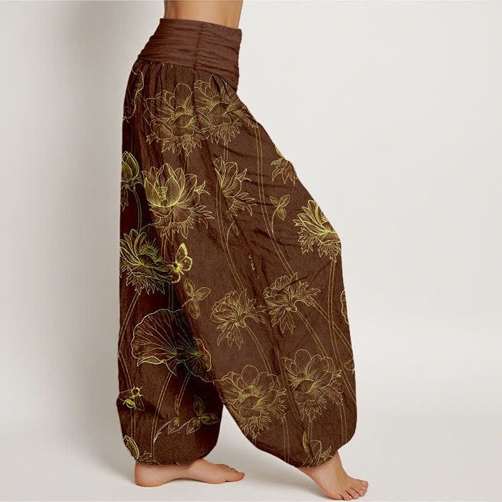 Buddha Stones Baumwoll-Haremshose mit Lotus-Schmetterlingsmuster und elastischem Bund für Damen - image 6