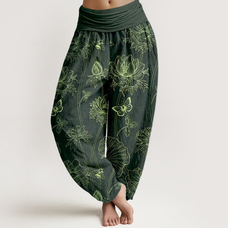 Buddha Stones Baumwoll-Haremshose mit Lotus-Schmetterlingsmuster und elastischem Bund für Damen - Dunkelgrün - US16, UK/AU20, EU48 (3XL) - image 8