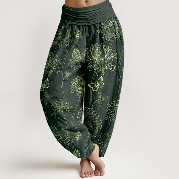 Buddha Stones Baumwoll-Haremshose mit Lotus-Schmetterlingsmuster und elastischem Bund für Damen - Dunkelgrün - US16, UK/AU20, EU48 (3XL) - image 8