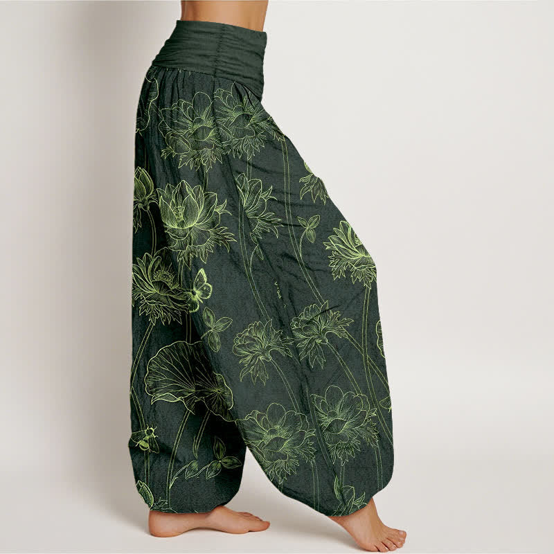 Buddha Stones Baumwoll-Haremshose mit Lotus-Schmetterlingsmuster und elastischem Bund für Damen - image 10