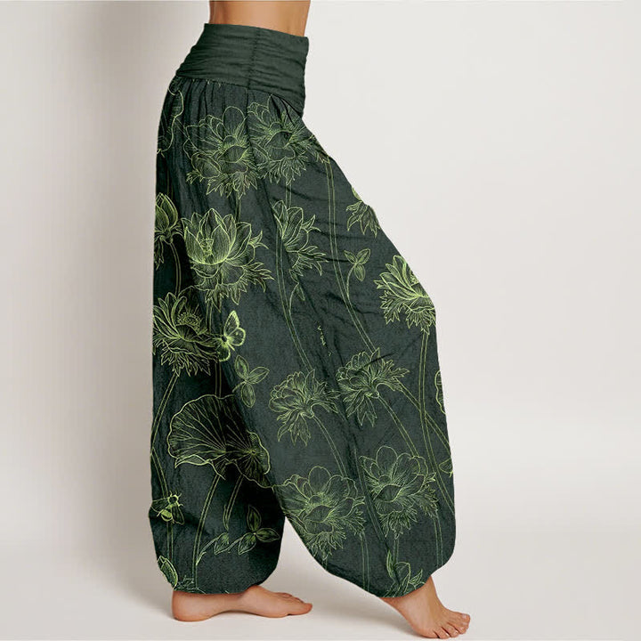 Buddha Stones Baumwoll-Haremshose mit Lotus-Schmetterlingsmuster und elastischem Bund für Damen - image 10