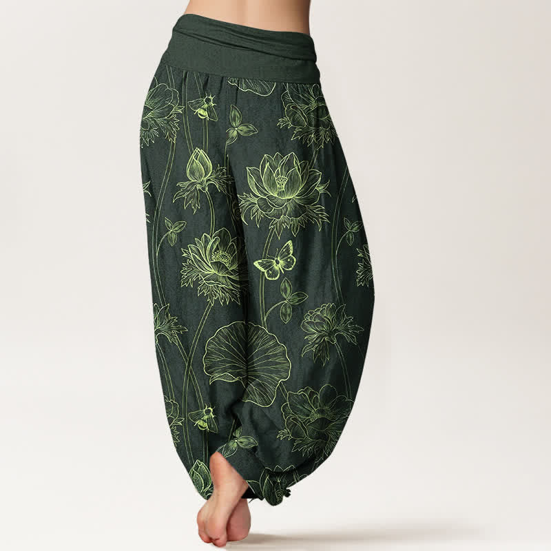 Buddha Stones Baumwoll-Haremshose mit Lotus-Schmetterlingsmuster und elastischem Bund für Damen - image 9