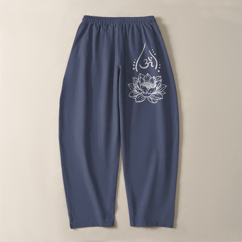 Buddha Stones Herrenhose aus reiner Baumwolle mit Kordelzug, schmal zulaufendem Schnitt und Taschen, verziert mit dem heiligen Lotus-Om-Muster und Kordelzug - image 3