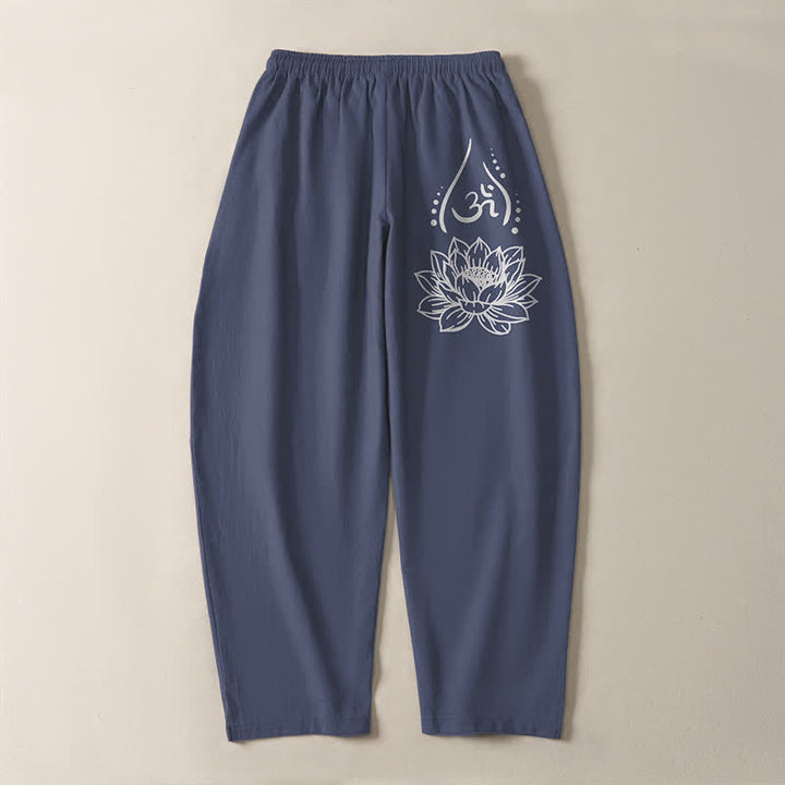 Buddha Stones Herrenhose aus reiner Baumwolle mit Kordelzug, schmal zulaufendem Schnitt und Taschen, verziert mit dem heiligen Lotus-Om-Muster und Kordelzug - image 3