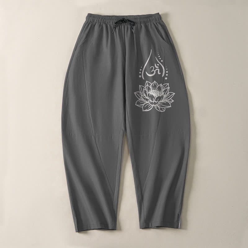 Buddha Stones Herrenhose aus reiner Baumwolle mit Kordelzug, schmal zulaufendem Schnitt und Taschen, verziert mit dem heiligen Lotus-Om-Muster und Kordelzug - image 9