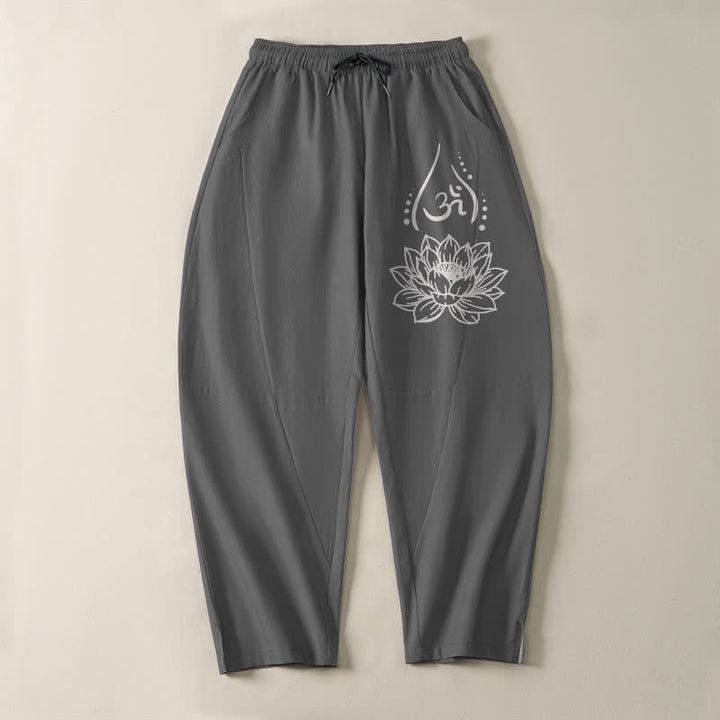 Buddha Stones Herrenhose aus reiner Baumwolle mit Kordelzug, schmal zulaufendem Schnitt und Taschen, verziert mit dem heiligen Lotus-Om-Muster und Kordelzug - image 9