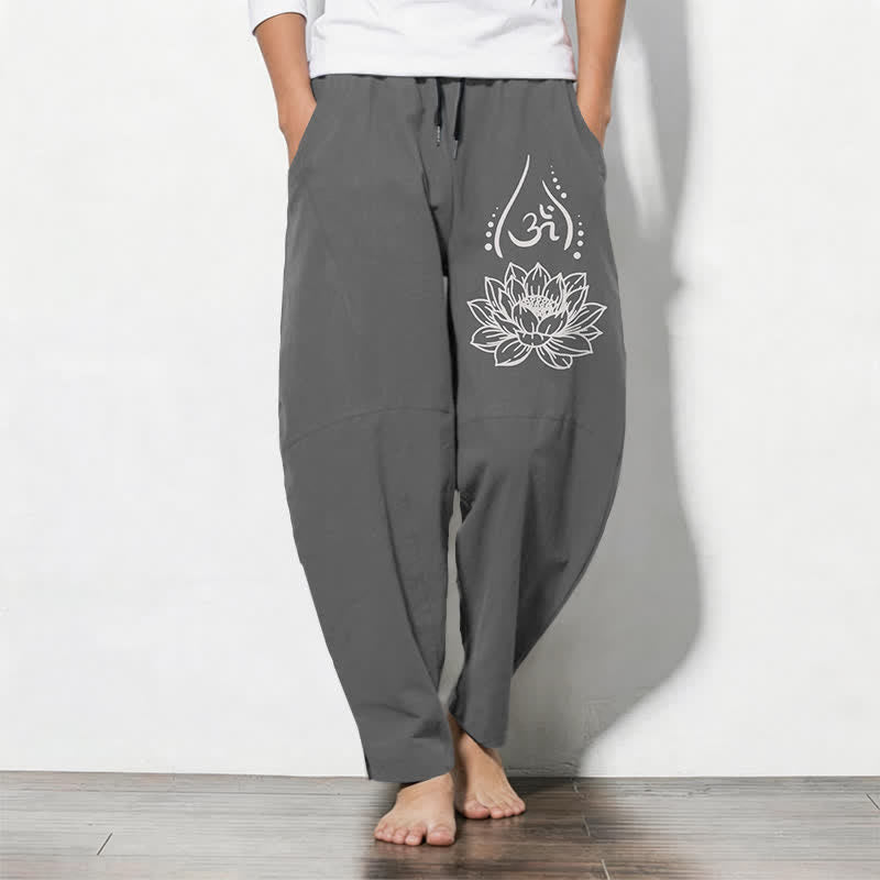 Buddha Stones Herrenhose aus reiner Baumwolle mit Kordelzug, schmal zulaufendem Schnitt und Taschen, verziert mit dem heiligen Lotus-Om-Muster und Kordelzug - Grau - US/UK/AU50, EU60 (5XL) - image 7