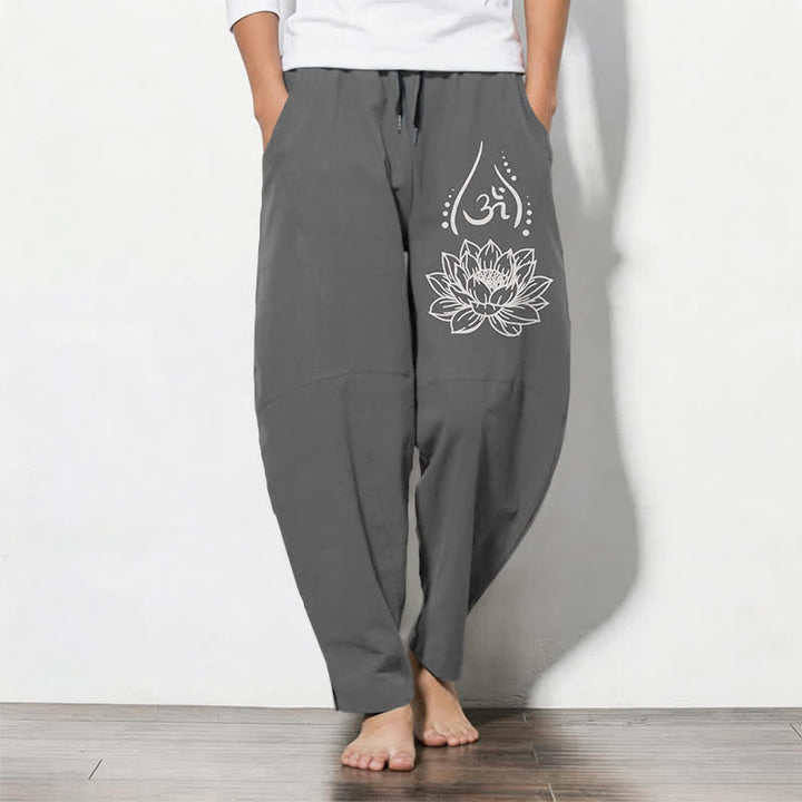 Buddha Stones Herrenhose aus reiner Baumwolle mit Kordelzug, schmal zulaufendem Schnitt und Taschen, verziert mit dem heiligen Lotus-Om-Muster und Kordelzug - Grau - US/UK/AU50, EU60 (5XL) - image 7