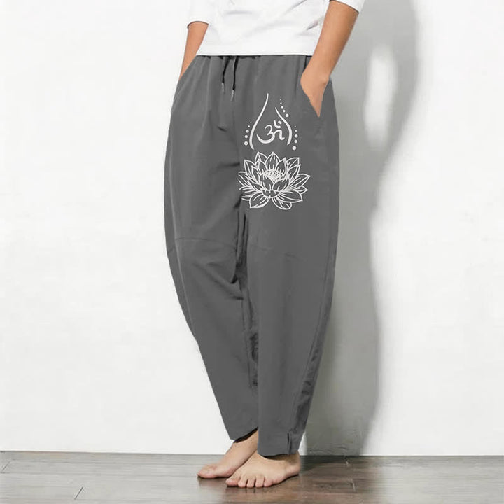Buddha Stones Herrenhose aus reiner Baumwolle mit Kordelzug, schmal zulaufendem Schnitt und Taschen, verziert mit dem heiligen Lotus-Om-Muster und Kordelzug - image 8
