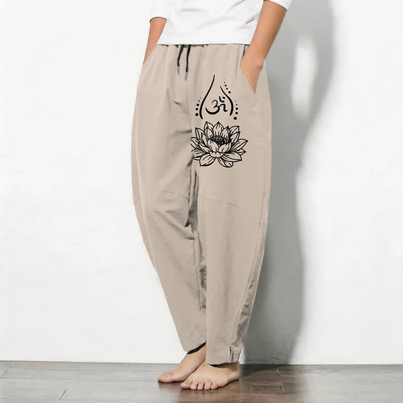 Buddha Stones Herrenhose aus reiner Baumwolle mit Kordelzug, schmal zulaufendem Schnitt und Taschen, verziert mit dem heiligen Lotus-Om-Muster und Kordelzug - image 12