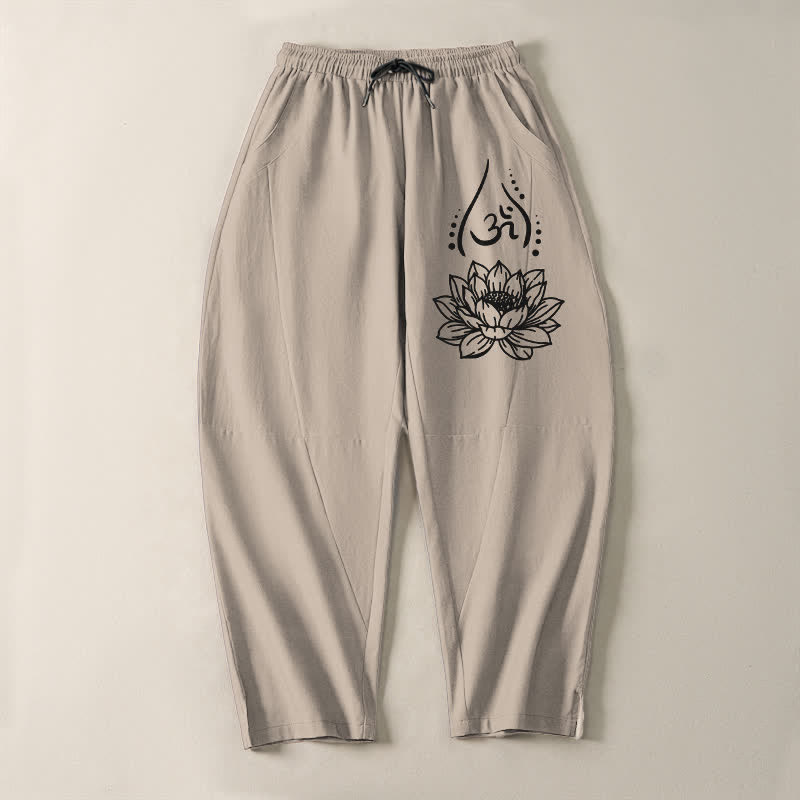 Buddha Stones Herrenhose aus reiner Baumwolle mit Kordelzug, schmal zulaufendem Schnitt und Taschen, verziert mit dem heiligen Lotus-Om-Muster und Kordelzug - image 13