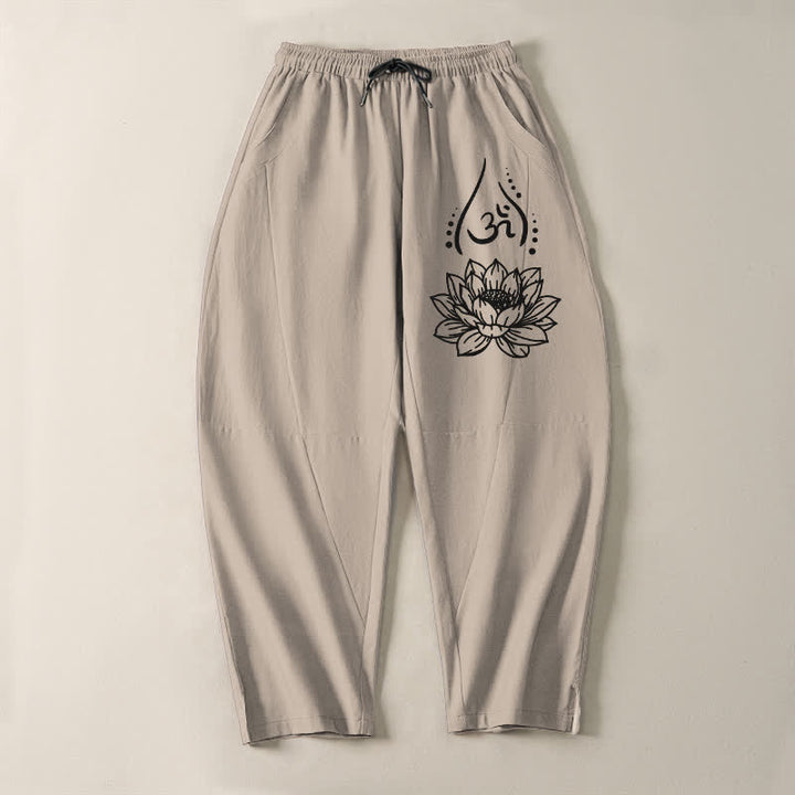 Buddha Stones Herrenhose aus reiner Baumwolle mit Kordelzug, schmal zulaufendem Schnitt und Taschen, verziert mit dem heiligen Lotus-Om-Muster und Kordelzug - image 13