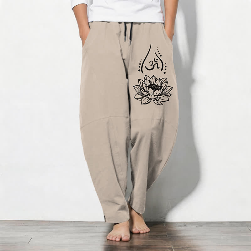 Buddha Stones Herrenhose aus reiner Baumwolle mit Kordelzug, schmal zulaufendem Schnitt und Taschen, verziert mit dem heiligen Lotus-Om-Muster und Kordelzug - Beige - US/UK/AU50, EU60 (5XL) - image 11
