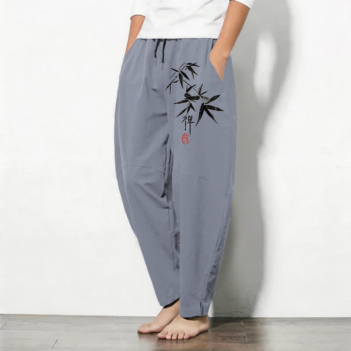 Buddha Stones Herrenhose aus reiner Baumwolle mit Zen-Bambusblattmuster, Kordelzug und Taschen - image 1