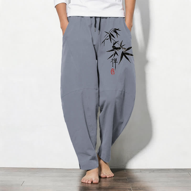Buddha Stones Herrenhose aus reiner Baumwolle mit Zen-Bambusblattmuster, Kordelzug und Taschen - Schiefergrau - US/UK/AU50, EU60 (5XL) - image 0