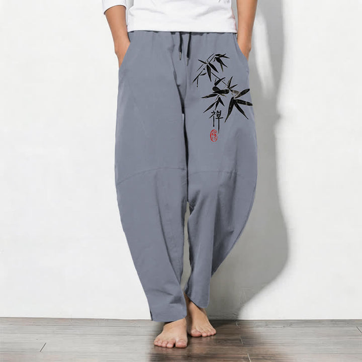 Buddha Stones Herrenhose aus reiner Baumwolle mit Zen-Bambusblattmuster, Kordelzug und Taschen - Schiefergrau - US/UK/AU50, EU60 (5XL) - image 0