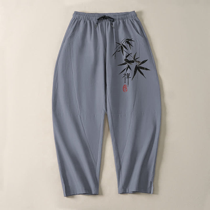 Buddha Stones Herrenhose aus reiner Baumwolle mit Zen-Bambusblattmuster, Kordelzug und Taschen - image 2