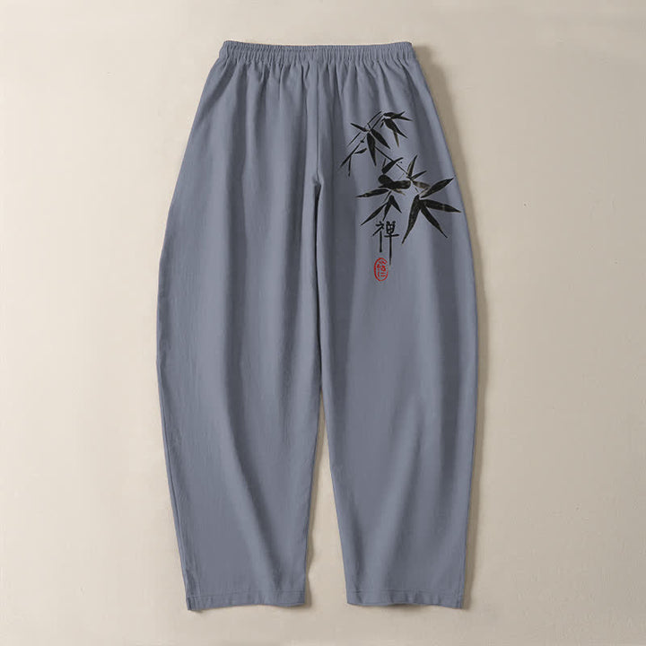 Buddha Stones Herrenhose aus reiner Baumwolle mit Zen-Bambusblattmuster, Kordelzug und Taschen - image 3