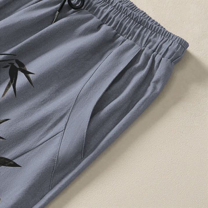 Buddha Stones Herrenhose aus reiner Baumwolle mit Zen-Bambusblattmuster, Kordelzug und Taschen - image 4