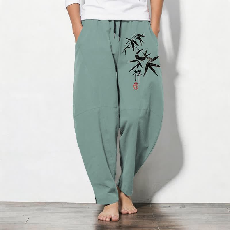 Buddha Stones Herrenhose aus reiner Baumwolle mit Zen-Bambusblattmuster, Kordelzug und Taschen - Mittelaquamarin - US/UK/AU50, EU60 (5XL) - image 7