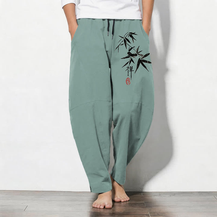 Buddha Stones Herrenhose aus reiner Baumwolle mit Zen-Bambusblattmuster, Kordelzug und Taschen - Mittelaquamarin - US/UK/AU50, EU60 (5XL) - image 7