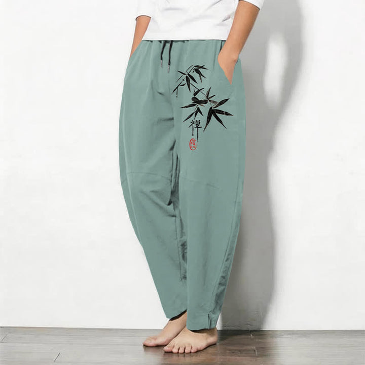 Buddha Stones Herrenhose aus reiner Baumwolle mit Zen-Bambusblattmuster, Kordelzug und Taschen - image 8