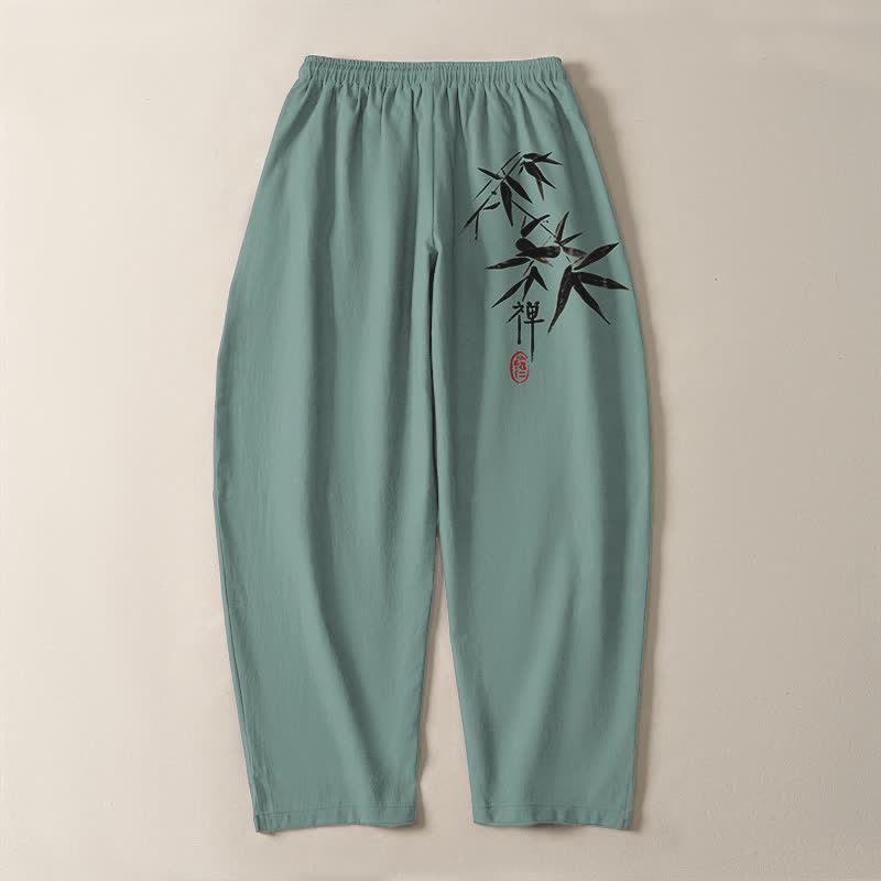 Buddha Stones Herrenhose aus reiner Baumwolle mit Zen-Bambusblattmuster, Kordelzug und Taschen - image 10