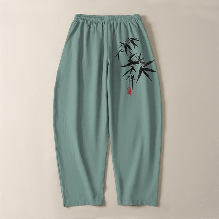 Buddha Stones Herrenhose aus reiner Baumwolle mit Zen-Bambusblattmuster, Kordelzug und Taschen - image 10
