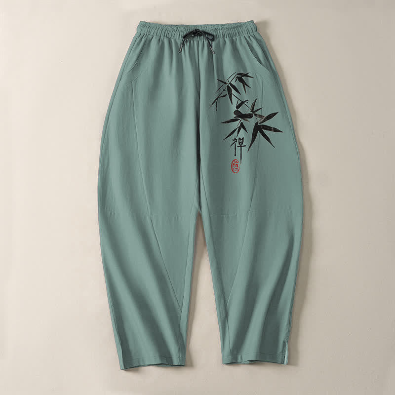 Buddha Stones Herrenhose aus reiner Baumwolle mit Zen-Bambusblattmuster, Kordelzug und Taschen - image 9
