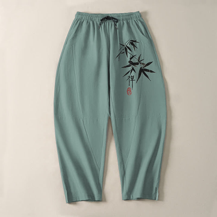 Buddha Stones Herrenhose aus reiner Baumwolle mit Zen-Bambusblattmuster, Kordelzug und Taschen - image 9