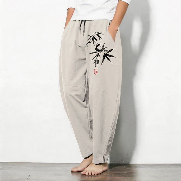 Buddha Stones Herrenhose aus reiner Baumwolle mit Zen-Bambusblattmuster, Kordelzug und Taschen - image 12