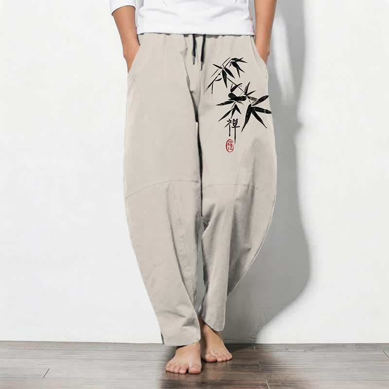 Buddha Stones Herrenhose aus reiner Baumwolle mit Zen-Bambusblattmuster, Kordelzug und Taschen - Beige - US/UK/AU50, EU60 (5XL) - image 11