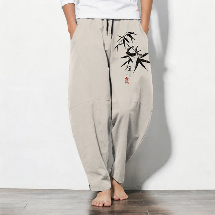 Buddha Stones Herrenhose aus reiner Baumwolle mit Zen-Bambusblattmuster, Kordelzug und Taschen - Beige - US/UK/AU50, EU60 (5XL) - image 11