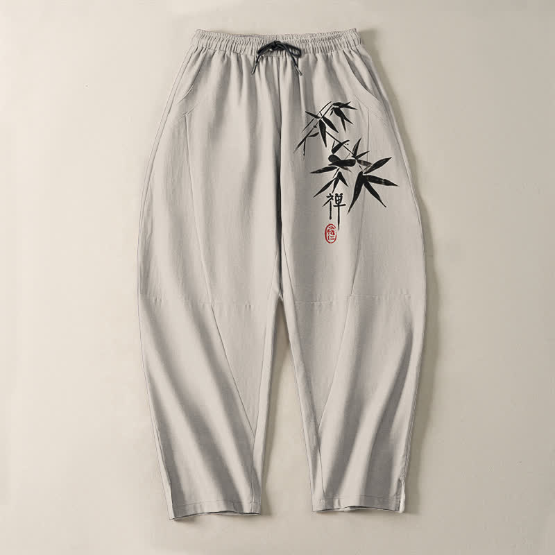 Buddha Stones Herrenhose aus reiner Baumwolle mit Zen-Bambusblattmuster, Kordelzug und Taschen - image 13