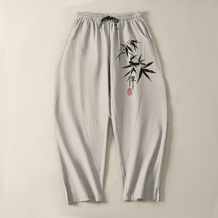Buddha Stones Herrenhose aus reiner Baumwolle mit Zen-Bambusblattmuster, Kordelzug und Taschen - image 13